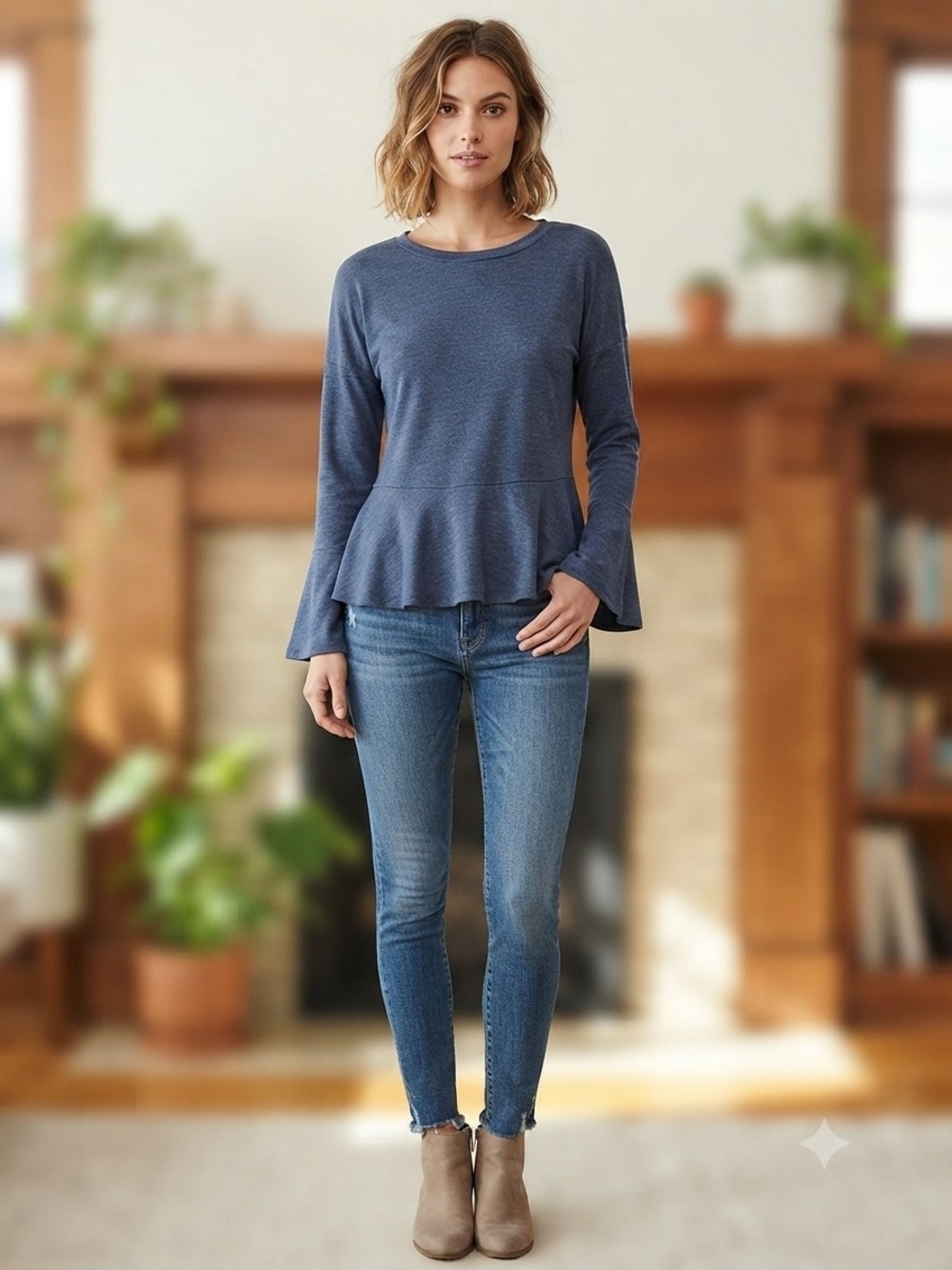 Pleione Blue Long-Sleeve Peplum Top